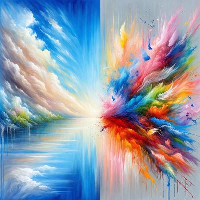 The primary subject of the image is a painting of a colorful, abstract scene. The setting is a blue sky, and the visual style is a combination of digital art and illustration. The dominant colors in the painting are blue, pink, and yellow, creating a vibrant and lively atmosphere.